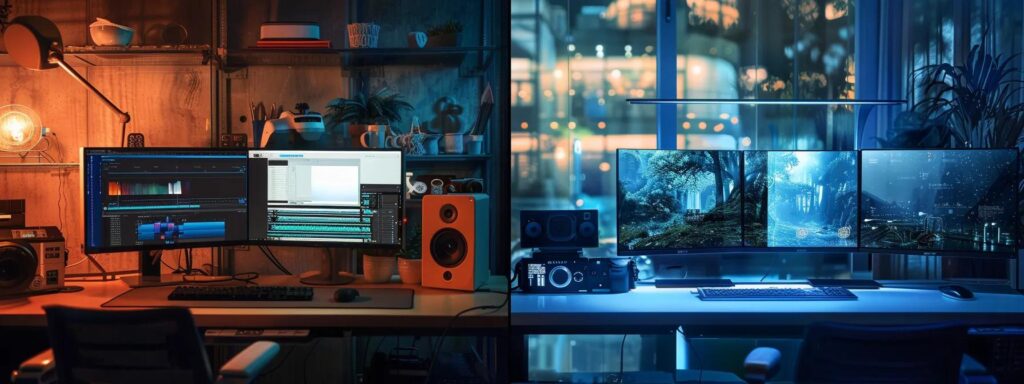 a dynamic and vibrant split-screen composition contrasting a sleek, modern ai ugc tool interface with a chaotic, traditional content creation workspace, illuminated by soft, diffused lighting that highlights the efficiency of technology versus the clutter of conventional methods.