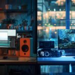 a dynamic and vibrant split-screen composition contrasting a sleek, modern ai ugc tool interface with a chaotic, traditional content creation workspace, illuminated by soft, diffused lighting that highlights the efficiency of technology versus the clutter of conventional methods.