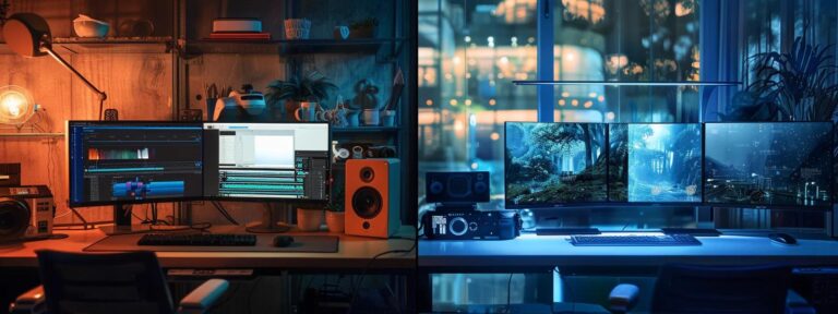 a dynamic and vibrant split-screen composition contrasting a sleek, modern ai ugc tool interface with a chaotic, traditional content creation workspace, illuminated by soft, diffused lighting that highlights the efficiency of technology versus the clutter of conventional methods.
