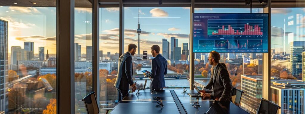 a dynamic business meeting in a modern office, featuring a diverse group of professionals engaging around a sleek table, with a large screen displaying vibrant charts and graphs that illustrate the alignment of ai ugc investments with strategic goals for enhanced roi, illuminated by soft, natural light pouring through expansive windows.