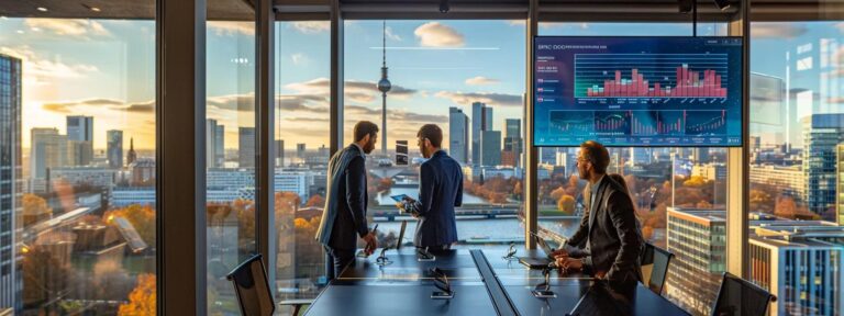a dynamic business meeting in a modern office, featuring a diverse group of professionals engaging around a sleek table, with a large screen displaying vibrant charts and graphs that illustrate the alignment of ai ugc investments with strategic goals for enhanced roi, illuminated by soft, natural light pouring through expansive windows.
