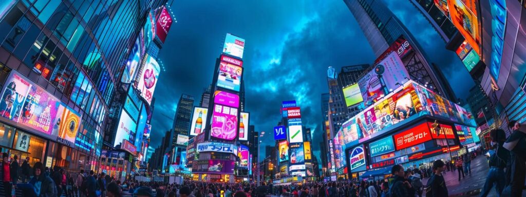 a dynamic digital landscape showcasing a vibrant, futuristic city illuminated by glowing advertisements and interactive billboards, symbolizing the power of ai-driven ad optimization techniques.