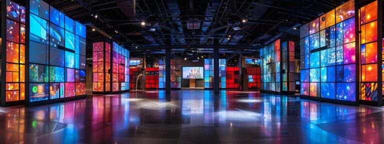 a dynamic digital workspace filled with vibrant screens displaying intricate ai algorithms, showcasing the evolution of ad generation amidst a backdrop of innovative technology and data analytics.