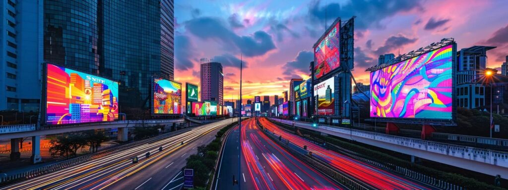 a dynamic, futuristic cityscape illuminated by vibrant billboards showcasing stunning ai-generated advertisements, bursting with color and energy, under a twilight sky.