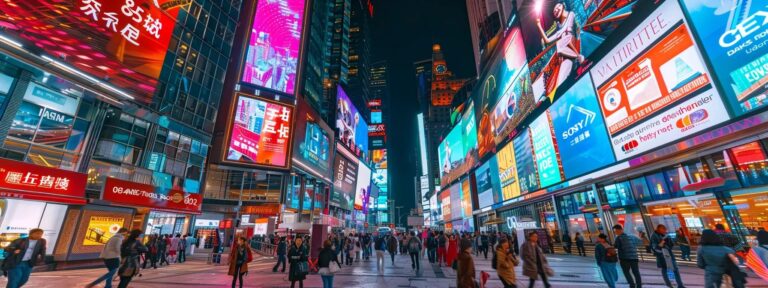 a dynamic, futuristic cityscape illuminated by vibrant digital billboards showcasing ai-driven advertisements, symbolizing the optimization of return on investment in a high-tech marketing landscape.