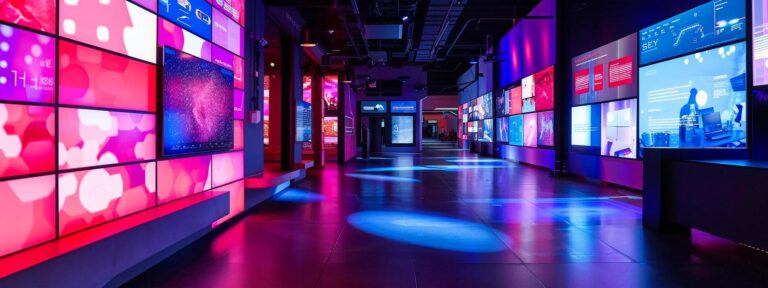 a dynamic, futuristic marketing landscape featuring vibrant digital screens illuminated by colorful neon lights, showcasing innovative ai-driven advertisements that capture the essence of emerging trends in advertising.