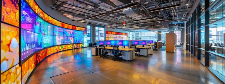 a dynamic, futuristic office environment filled with luminous screens displaying vibrant ai advertising analytics, highlighting impressive growth metrics and return on investment amidst a backdrop of modern technology.