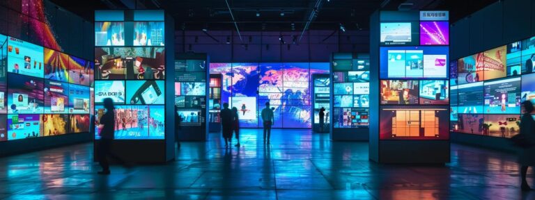 a dynamic, futuristic workspace filled with vibrant digital screens displaying innovative ad designs, illuminated by soft, colorful lighting that highlights the transformative role of ai in advertising creation.