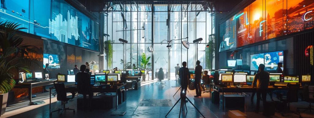 a dynamic, futuristic workspace vibrantly filled with visionary entrepreneurs collaborating over digital interfaces, showcasing the transformative impact of powerful ai ad generators on innovative businesses worldwide.
