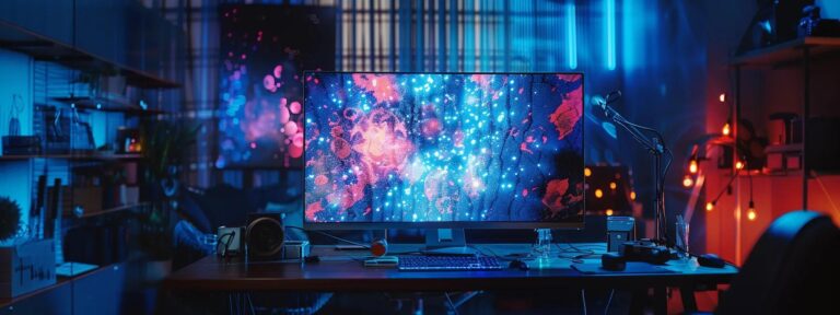 a dynamic, high-tech workspace illuminated by soft, ambient lighting showcases a sleek computer screen displaying vibrant, eye-catching ai-generated advertisements, symbolizing the efficiency and cost-effectiveness of modern marketing tools.