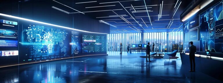 a dynamic illustration of a modern business office overflowing with vibrant digital screens showcasing user-generated content, illuminated by soft ambient lighting that highlights the innovative integration of ai solutions.