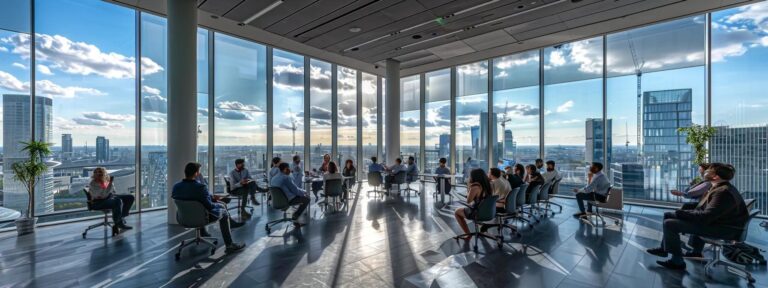 a dynamic marketing meeting unfolds in a sleek modern office, where diverse professionals passionately discuss the contrasting impacts of ai ad generators, illuminated by soft natural light streaming through large windows.