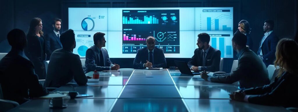 a dynamic marketing strategy meeting showcases a diverse group of professionals engrossed in animated discussion around a sleek digital interface displaying ai ad generator analytics, illuminated by soft, focused lighting that highlights their expressions and the high-tech atmosphere.