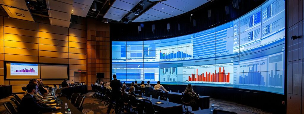 a dynamic meeting room scene featuring professionals engaged in a lively discussion, illuminated by soft natural light, with a large digital screen displaying graphs and data on long-term contracts and cost analysis.
