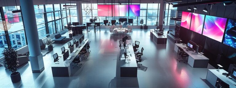 a dynamic overhead view of a bright, modern workspace adorned with digital screens showcasing striking ai-generated ad designs, symbolizing innovation and effective advertising strategies.