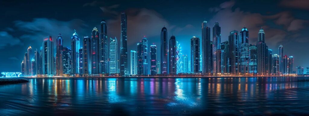 a dynamic scene depicting a sleek, futuristic city skyline illuminated by vibrant holographic advertisements, showcasing the transformative power of ai in advertising.