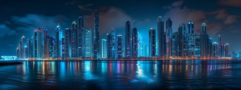 a dynamic scene depicting a sleek, futuristic city skyline illuminated by vibrant holographic advertisements, showcasing the transformative power of ai in advertising.