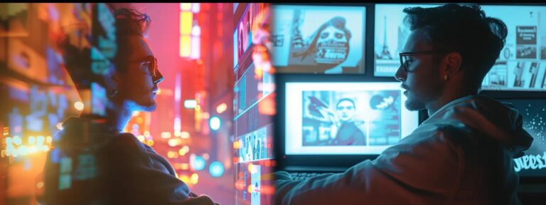 a dynamic split-screen comparison vividly illustrating a futuristic digital interface showcasing ai-generated advertisements on one side, contrasted against a classic print ad on the other, with bold colors and sharp lighting emphasizing the modernity of technology versus the nostalgia of tradition.