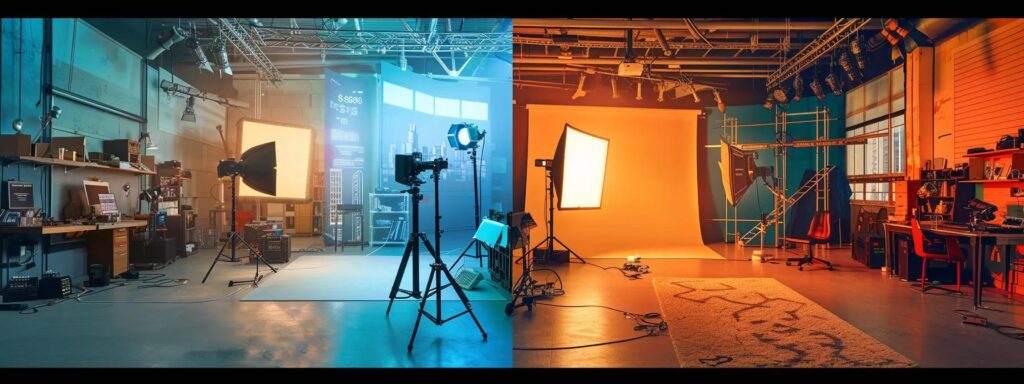 a dynamic split-screen image juxtaposing a vibrant, cutting-edge ai content creation workspace on one side with a traditional, cluttered media studio on the other, showcasing stark contrasts in technology and innovation.