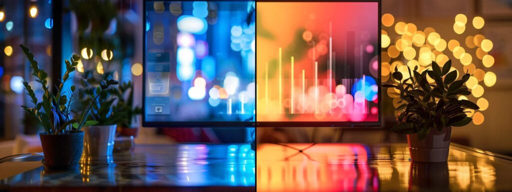 a dynamic split-screen image contrasting vibrant ai-generated advertising metrics with subdued traditional marketing statistics, illuminated by striking digital graphics and warm natural lighting.