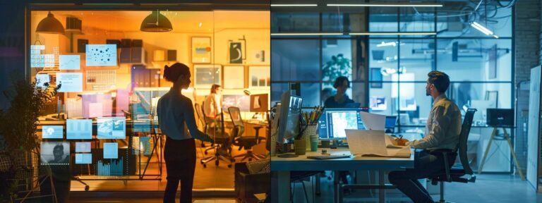 a dynamic split-screen image contrasting a vibrant digital workspace filled with ai-generated ad designs on one side, and a traditional advertising agency bustling with paper ads and brainstorming sessions on the other, illuminated by soft, ambient lighting to enhance the modern versus classic theme.