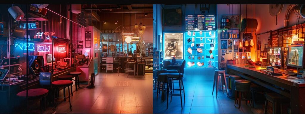 a dynamic split image showcasing the contrast between a sleek, futuristic ai ad generator interface on one side and a vintage, cluttered traditional advertising setup on the other, illuminated by vibrant lighting that highlights the technological advancement versus nostalgia theme.