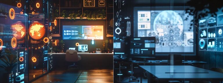 a dynamic split scene showcasing the contrasting worlds of ai advertising tools with vibrant digital interfaces on one side and traditional marketing strategies illustrated through classic print materials and brainstorming boards on the other, illuminated by dramatic lighting to emphasize innovation and tradition.