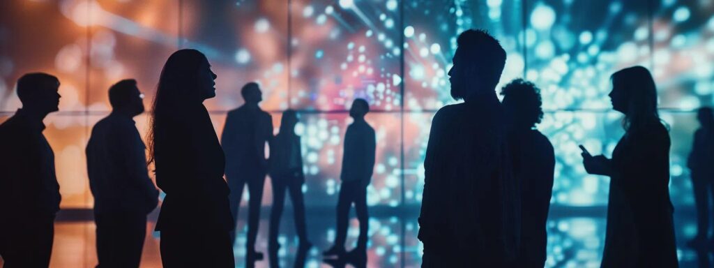 a dynamic tableau showcasing a diverse group of professionals engaging with advanced ai ugc platforms, illuminated by soft, focused lighting that highlights their expressions of curiosity and innovation against a sleek, modern backdrop.