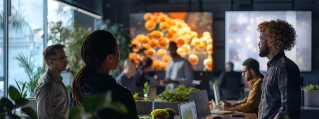 a dynamic visual of a bustling office environment, featuring diverse professionals engaging in vibrant discussions around large screens displaying captivating ai-generated user content, with warm, ambient lighting highlighting the innovative atmosphere.