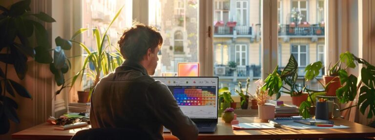 a dynamic workspace featuring a sleek laptop displaying vibrant ai ad generation software, surrounded by colorful marketing materials and a thoughtful entrepreneur immersed in creative brainstorming, illuminated by warm, natural light streaming through a large window.