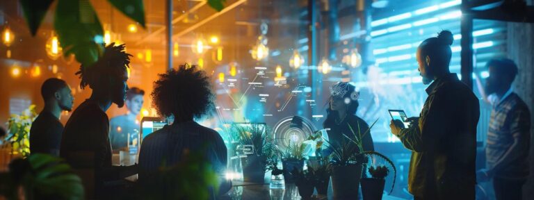 a dynamic workspace featuring a diverse group of entrepreneurs collaboratively brainstorming over a digital device, illuminated by bright natural light, showcasing innovative ideas in the realm of ai advertising for startups and small businesses.