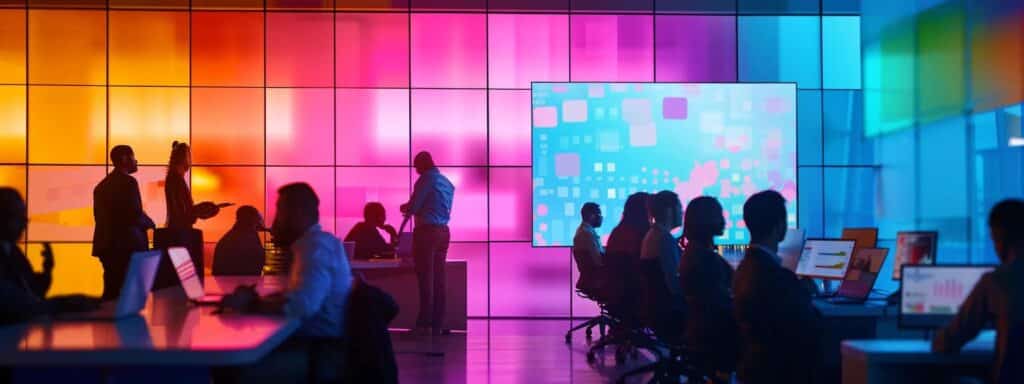 a dynamic workspace filled with vibrant color palettes and innovative technology, showcasing a brainstorming session between diverse professionals strategizing innovative pricing models for ai user-generated content against a backdrop of digital screens.