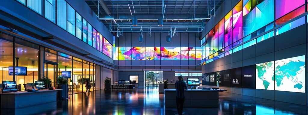 a dynamic workspace filled with vibrant digital content being produced, showcasing an array of colorful screens and engaged professionals collaborating to elevate business growth through ai ugc services.
