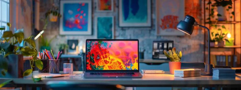 a dynamic workspace filled with vibrant color and modern technology, showcasing an illuminated laptop screen displaying enticing ad copy, with fresh ideas and creativity radiating from the atmosphere.