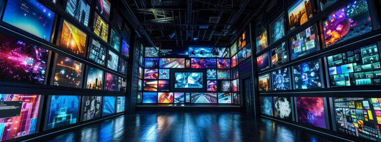 a dynamic workspace filled with vibrant digital displays showcasing diverse ai-generated advertisements, reflecting a fusion of creativity and technology as a metaphor for capturing a brand's unique voice.