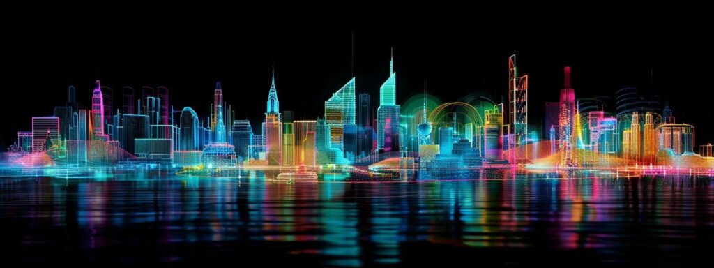 a futuristic city skyline illuminated with vibrant neon lights, showcasing advanced ai technology in digital billboards and holograms, encapsulating the essence of innovation in advertising.