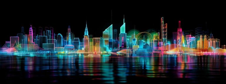 a futuristic city skyline illuminated with vibrant neon lights, showcasing advanced ai technology in digital billboards and holograms, encapsulating the essence of innovation in advertising.