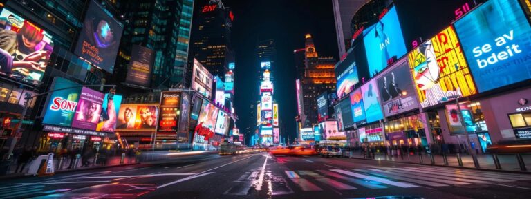 a futuristic city skyline illuminated by vibrant digital billboards and holographic advertisements, showcasing the seamless integration of ai technology in transforming modern advertising.
