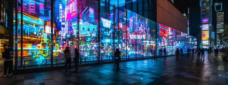 a futuristic cityscape illuminated by vibrant holographic advertisements, showcasing the transformative impact of ai-driven innovations on marketing.