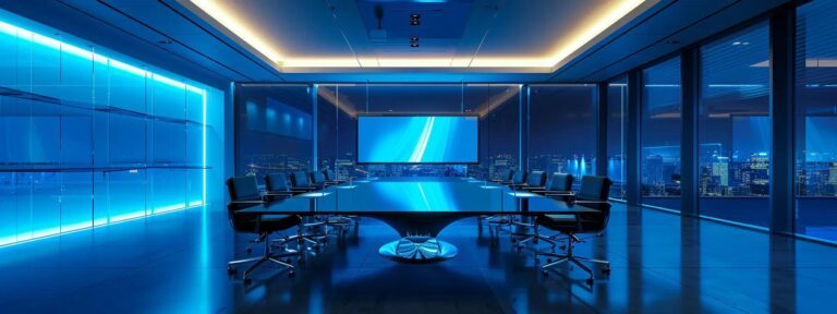 a futuristic conference room illuminated by soft blue lighting features a sleek, high-tech display showcasing diverse ai-advertising strategies, symbolizing adaptability to various industry regulations and campaign challenges.