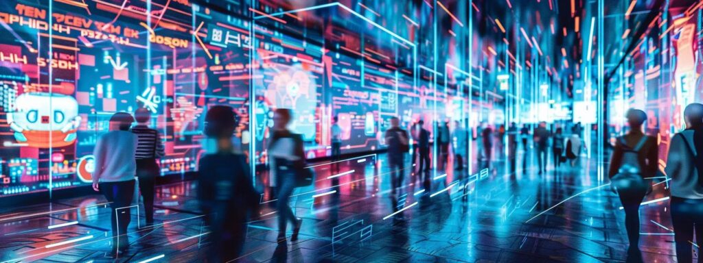 a futuristic digital marketplace bustling with vibrant holographic advertisements, showcasing ai technology seamlessly optimizing costs and enhancing efficiency in real-time, illuminated by dynamic neon lights.