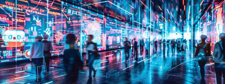 a futuristic digital marketplace bustling with vibrant holographic advertisements, showcasing ai technology seamlessly optimizing costs and enhancing efficiency in real-time, illuminated by dynamic neon lights.