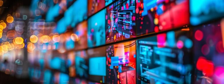 a futuristic digital workspace bathed in soft, ambient lighting, showcasing an advanced ai interface generating vibrant, eye-catching advertisements in real-time on sleek holographic screens.