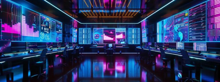 a futuristic digital workspace brimming with vibrant visuals and intelligent analytics, showcasing the power of ai-driven advertising tools, illuminated by dynamic neon lighting that reflects innovation and creativity.