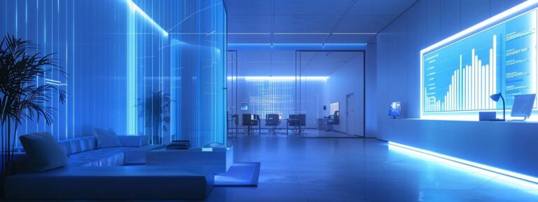 a futuristic office space illuminated by soft blue lighting showcases a sleek data dashboard, revealing vibrant graphs and analytics that illustrate the roi of ai-driven user-generated content solutions.