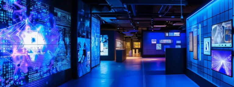 a futuristic workspace bathed in soft blue lighting showcases a sleek ai-powered advertisement creator on a luminous screen, surrounded by vibrant digital graphics that exemplify innovation and creativity.