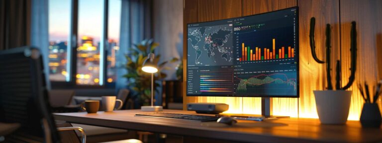 a futuristic workspace bathed in soft, ambient light showcases a sleek, modern computer screen displaying dynamic ai advertisement analytics, surrounded by vibrant digital graphs and charts that convey innovation and strategic impact.