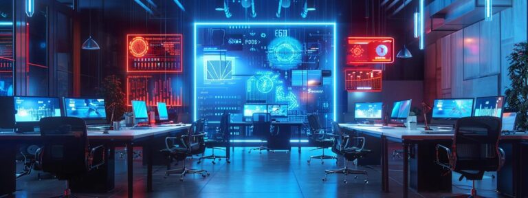 a futuristic workspace filled with vibrant holographic displays, showcasing innovative ai advertising strategies, illuminated by dynamic lighting that highlights the synergy between technology and creativity.