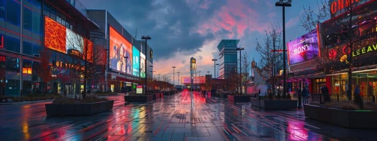 a high-tech urban landscape featuring sleek digital billboards and futuristic architecture, illuminated by vibrant neon lights, reflecting the complexities of technology and infrastructure costs in ai-driven services.