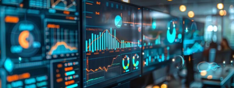 a high-tech workspace showcasing a sleek ai ad generation interface with vibrant data visualizations, illuminated by soft ambient lighting that enhances the modern aesthetic of user experience analytics.